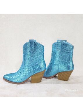 Dolly Aqua Blue Rhinestone Glitter Disco Cowgirl Country Western Ankle Boots